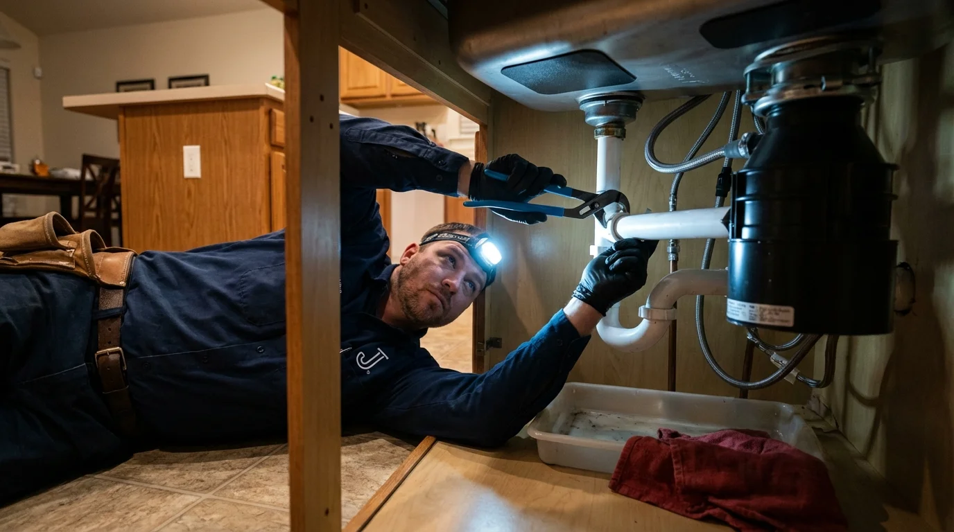 P-trap and supply line connections under a kitchen sink showing a common leak point in Ouray, CO